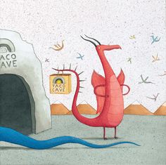 an illustration of a red dragon standing in front of a coal oven with the caption cacti save written on it