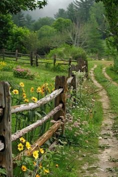 a wooden fence in the middle of a field with flowers growing on it and trees