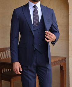 Elevate your formal style with this sophisticated men's three-piece suit in blue. This classic ensemble features a coat, trouser, and vest, perfect for any special occasion. Stand out from the crowd with this timeless and versatile outfit. Make a dashing statement at your next event in this impeccably tailored blue men's suit. Complete with a coat, trouser, and vest, this three-piece ensemble exudes elegance and charm. Elevate your wardrobe with this versatile and stylish outfit. Upgrade your wa Navy Blue Coat Outfit, Mens Suit For Wedding, Blue Mens Suit, Blazer Waistcoat, Blue Three Piece Suit, Suit For Men Wedding, Suit Navy Blue, Mens Wedding Suits