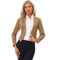 Shell: 95% Polyester, 5% Spandex. Lining: 100% Polyester. It creates a modern sleek look even at the office with this stunning cropped office blazer jacket. This smart collarless blazer features an angled hem that's shorter in the back for a fashionably cool look. An open-front design with hook eye closure for showing your amazing top inside. This piece makes you outstanding whether for a professional or a casual look. Suitable for Office look. Versatile Solid Color Blazer For Office, Versatile Office Blazer, Stretch Blazer For Business Casual, Versatile Fitted Formal Blazer, Modern Slim Fit Blazer For Office, Modern Slim Fit Office Blazer, Versatile Fitted Blazer, Versatile Fitted Solid Color Blazer, Versatile Solid Color Fitted Blazer