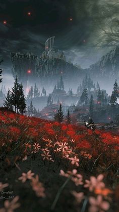 an image of a fantasy landscape with flowers and trees