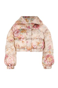 The Yorkshire City Marshmallow Puffer is a decadent hug of a jacket, cropped perfectly to your true waist and made of silk. As puffy as a Lucky Charms marshmallow, this jacket’s extravagant tall collar zips above the mouth to protect you from the cold. A tender bouquet blooms on this print, inspired by the stunning cou Spring Puffy Outerwear, Spring Cropped Puffer Jacket, Cropped Puffer Jacket For Spring, Fitted Cropped Jacket With Padded Collar, Yorkshire City, Brontë Sisters, Lucky Charms Marshmallows, Northern England, Cropped Puffer Jacket