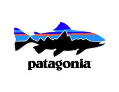 the logo for patagonia is shown in blue, orange and green stripes on a white background