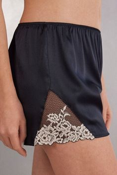 Light stretch silk satin shorts embellished with a lace insert on the sides. Based on the color chosen, the lace can be of contrast color or tone-on-tone. Mix & Match, Strapless Bralette, High Waisted Briefs, Satin Shorts, Pyjama Bottoms, Corset Lingerie, Silk Shorts, Tank Top Camisole, Lace Insert