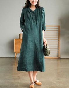 Women's Mid-sleeve Pullover V-neck Linen Dress — Obiono Hemp Dress, Plus Size Summer Fashion, Linen Dress Women, Cotton Linen Dresses, High Waist Dress, V Neck Midi Dress, Half Sleeve Dresses, Dress Crafts, Cotton Linen Fabric