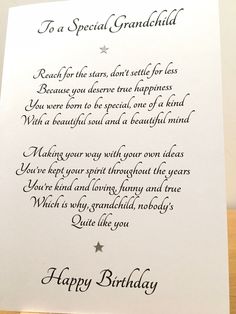 a birthday card with the words to a special grandchild written in cursive writing