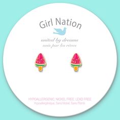 a pair of earrings with watermelon on them