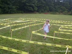 My littlest one walking through the caution tape maze. Only four years old, she solved the maze by climbing over caution tape in her way Party Games Indoor, Survivor Challenges, Fall Field, Field Day Games, Games Indoor, Survivor Party, Interesting Games