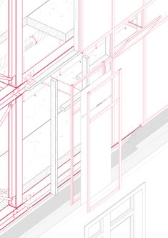 an architectural drawing of a building with red lines