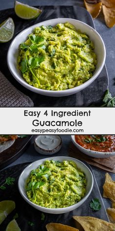 guacamole in a white bowl with tortilla chips on the side