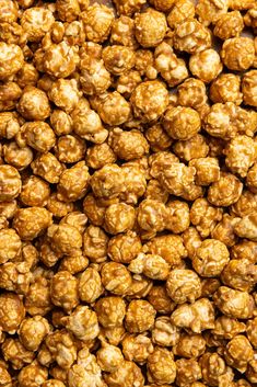 close up view of caramel popcorn kernels