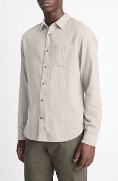 A button-up placket smartens this all-cotton shirt with a spread collar and a handy chest pocket. Spread collar Mitered, one-button cuffs 100% cotton Machine wash, tumble dry Imported Casual Button-up Shirt With Button Closure, Button-up Shirt For Casual Gatherings, Classic Shirt With Buttoned Pockets For Casual Gatherings, Everyday Shirt With Buttoned Pockets And Spread Collar, Casual Button-up Shirt With Placket, Collared Shirt With Button Closure For Casual Gatherings, Collared Shirt With Buttoned Pockets For Casual Gatherings, Collared Shirt With Placket For Casual Gatherings, Everyday Unstructured Shirt With Buttoned Pockets