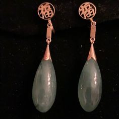 14k Gold Jadeite Jade Drop Earrings. Chinese Happiness Symbol On Post. Stones Have An Opaque Quality And Reflect Light Beautifully. The Color Of The Jade Is A Little Darker Than The Pictures. The First Three Pics Are Closest To The Color Of The Stones And Were Taken At A Lower Light. Others Were Taken In A Brighter Light To Show Stone Properties. Jade Measures Just Under 1”. Screw Back. 14k Gold With ‘555’ Chinese Gold Stamp. C. 1920s Gold Shows Minor Wear. Good Condition. Price Is Firm. Happiness Symbol, Chinese Gold, Stone Properties, Jade Earrings, Dream Jewelry, Stone Earrings, Hong Kong, Screw, Jade