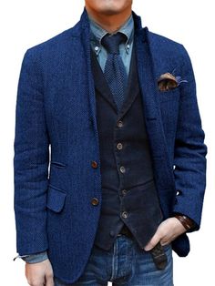 Men's Retro Vintage Tweed Blazer Herringbone Blazer Sport Coat Regular Plus Size Single Breasted Two-buttons Black Champagne Burgundy Blue 2024 2024 - $71.99 Blue Tailored Tweed Outerwear, Tailored Blue Tweed Outerwear, Navy Button-up Blazer For Winter, Formal Blue Tweed Jacket With Button Closure, Tailored Button-up Tweed Jacket For Winter, Tailored Winter Tweed Button-up Jacket, Blue Tweed Jacket With Lapel Collar And Pockets, Winter Business Casual Button-up Tweed Jacket, Blue Tweed Jacket With Button Closure For Formal Occasions