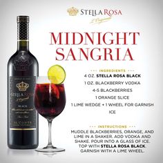 a bottle of wine next to a glass with a lemon slice on it and the words midnight sangria