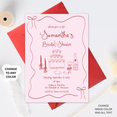 a pink and red bridal shower party card