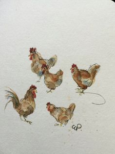 four chickens are standing together on the paper