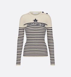 Part of the Dioriviera capsule collection, the cotton ribbed knit sweater is adorned with the timeless ecru and navy blue Dior Marinière motif. It showcases the House star symbol, as well as a jacquard Christian Dior signature. The style is distinguished by a round neck and button placket on the shoulder with anchor-engraved buttons. The sweater can complete other Dioriviera creations to complete the look.. 46 Blue Dior, Denim Swimsuit, Star Symbol, House Star, Dior Star, Christian Dior Couture, Short Denim, Dior Couture, Tuxedo Jacket