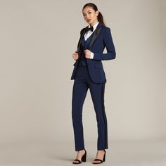 Undeniably regal! Tuxedo Women Suits, Girl Tuxedo, Peak Lapel Tuxedo, Royal Navy Blue, Black Tuxedo Jacket, Navy Tuxedos, Navy Blue Tuxedos, Tuxedo Vest, Tuxedo Women