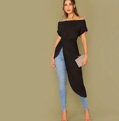 Show off your edgy street style with this black off-shoulder asymmetrical hem top made with 94.5% rayon and 5.5% spandex. perfect for street and urban fashion, this top is sure to make a statement. Asymmetrical Hem Top, Bardot Top, Street Style Edgy, Outfit Collage, Black Off Shoulder, Lovely Tops, Urban Street Style, Hem Top, Shein Style