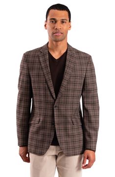 A rich plaid distinguishes this modern sport coat that'll add a dapper finishing touch to your look. Two-button closure Notched lapels Chest welt pocket; front flap welt pockets Lined 59% polyester, 37% rayon, 4% spandex Dry clean Imported Plaid Sport Coat For Business Casual In Winter, Winter Plaid Sport Coat For Business Casual, Winter Business Casual Plaid Sport Coat, Tailored Plaid Sport Coat For Spring, Spring Tailored Plaid Sport Coat, Tailored Plaid Sport Coat For Fall, Fitted Plaid Outerwear For Business Casual, Semi-formal Plaid Sport Coat For Fall, Spring Plaid Sport Coat For Business Casual