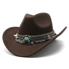 Brown Western Cowboy, Cowgirl Hat, Bead Tassle Strap, Men Women Retro Wide Brim Bohemian Hats For Western-themed Winter Events, Bohemian Brown Felt Hat For Winter, Brown Wide Brim Beaded Hat, Beaded Brown Wide Brim Hat, Brown Beaded Wide Brim Hat, Blue Beaded Hat For Rodeo, Western Brown Beaded Hat, Western Style Brown Beaded Hat, Woolen Tops