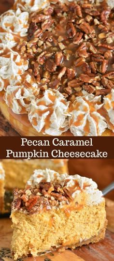 pecan caramel pumpkin cheesecake with whipped cream and pecans in the crust