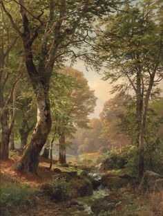 a painting of trees and water in a wooded area, with rocks on the ground