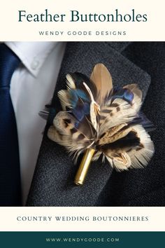 a boutonniere with feathers on it and the words, feather buttonholes