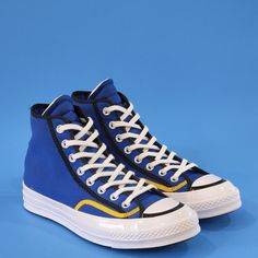 Converse Chuck 70 Hi Varsity Blue Yellow White Unisex Sneakers 171410c Nwt Size Guide: Men's 10.5 - Women's 12.5 Mpn: 171410c More Cushioning, Tougher Canvas, Same Versatility. The Chuck 70 High Top Is Built Off Of The Original 1970s Design, With Premium Materials And An Extraordinary Attention To Detail, With Added An Extra Cushy Insole For Arch Support And Stability. Canvas Upper Is Lightweight And Durable. The Timeless Silhouette You Know And Love. Rubber Outsole For Added Traction. Ortholite Blue Sneakers With Contrast Sole For Running, Blue Casual Sneakers With Laces, Blue Casual High-top Sneakers With Laces, Casual Blue Sneakers With Laces, Blue Sneakers With Vulcanized Sole And Round Toe, Blue Casual Running Shoes With Contrast Sole, Casual Blue Running Shoes With Contrast Sole, Sporty Blue Canvas Sports Shoes, Blue Canvas Sports Shoes With Round Toe