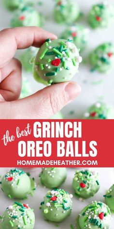 green christmas oreo balls with white frosting and sprinkles