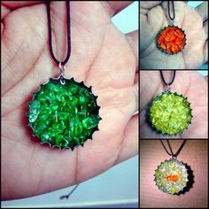 four different pictures of green and orange items on a person's hand, including a pendant