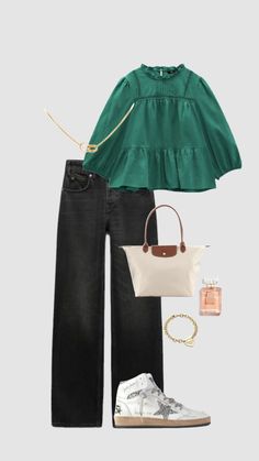 a green top, black jeans and white handbag are featured in this outfit with high heels