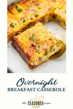 an advertisement for overnight breakfast casserole with broccoli and cheese on it