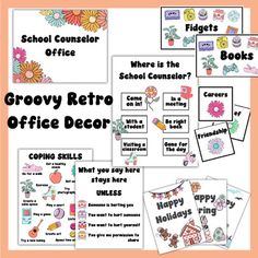 the grooy retro office decor kit includes posters, books and other items to help students