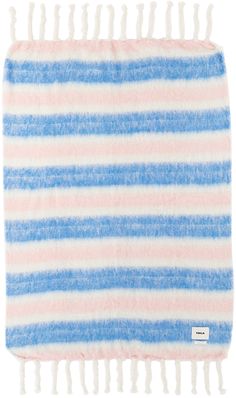 Hand-woven brushed mohair- and wool-blend blanket in blue, pink, and white. · Jacquard stripes throughout · Logo patch at face · Tassels at ends · H200 x W130 cm / H78.4 x W51.2 Part of a limited run of 100, within the Colours of Le Corbusier collection. Supplier color: Stripped Mohair Blanket, Blue Throw Blanket, Blanket Black, Gray Blanket, Pillow Styling, Limited Run, Lifestyle Products, Blue Blanket, Wool Blanket