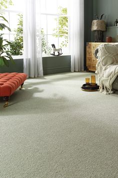 a living room scene with focus on the carpeting and furniture in the foreground