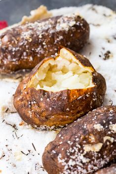 baked potatoes with powdered sugar and sprinkles on the top are ready to be eaten