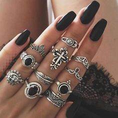 Fashion Ring Set, Crescent Ring, Midi Ring Set, Black Opal Stone, Ring Sets Boho, Elephant Ring, Crown Flower, Silver Ring Set, Jewelry Wedding Rings