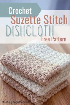 crochet suzette stitch dishcloth is shown on top of a wooden table