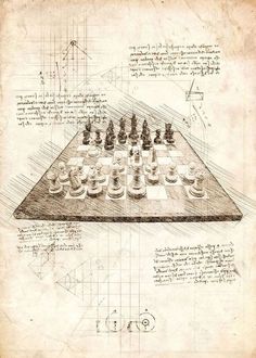 a drawing of a chess board with several pieces on it