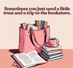 there is a pink bag and some books on the table with a coffee cup next to it