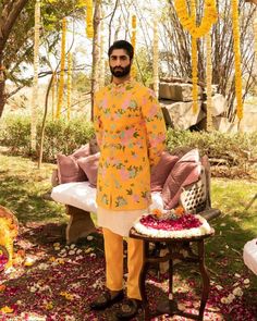 *3 Piece Mustard :- Kurta , pant and Indow jacket  *Fabric: %100  silk , cotton , Thick, Warm, Comfortable, Breathable, Softer, Satin Feeling *Center 6  Button jacket, With Zipper Fly Pants Note: Product colour may vary slightly due to photographic lighting sources. *This Suit Has A 6" Drop Which Is The Difference Between The Size Of The Sherwani & Pants. For Example, A 40r Jacket Includes A 34W Pant *Dry Clean Only Important Note: All Our Products Are Made To Order! Please Contact Us For the Pe Spring Wedding Cotton Sherwani, Fitted Cotton Sherwani With Floral Embroidery, Cotton Bandhgala With Resham Embroidery Long Sleeve, Spring Cotton Bandhgala With Resham Embroidery, Spring Festive Cotton Bandhgala, Spring Cotton Sherwani With Resham Embroidery, Fitted Cotton Bandhgala With Floral Embroidery, Yellow Cotton Sherwani With Resham Embroidery, Spring Cotton Sherwani With Chikankari Embroidery