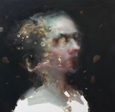 an abstract painting of a woman's face with bubbles coming out of her hair