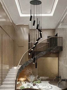 an elegant staircase with black and white decor