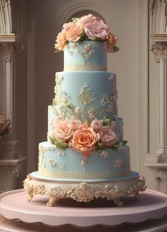 a three tiered blue wedding cake with pink flowers on the top and bottom layer