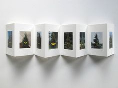 an open book with four pictures on the front and one in the back, hanging on a wall