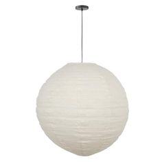 a white ball shaped light hanging from a ceiling