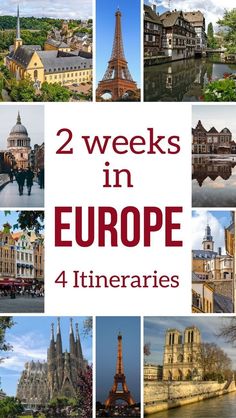 the cover of two weeks in europe 4 itineries, with pictures of different buildings