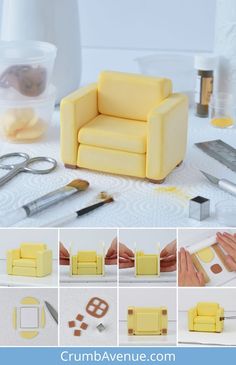 a collage of photos showing how to make a chair out of fondant and paper